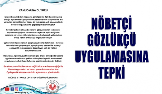 Nöbetçi Gözlükçü Uygulamasına İstanbul Odasından Tepki